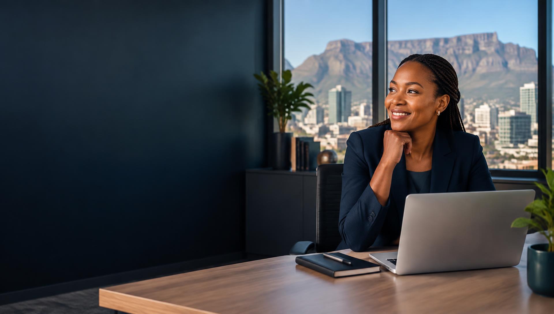 HR professional in a Cape Town office overlooking Table Mountain